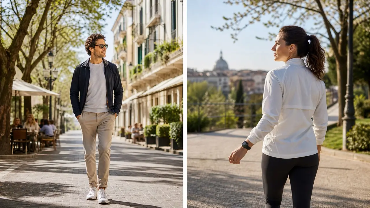 Due persone camminano all'aperto, una su un viale urbano e una in un parco con smartwatch.