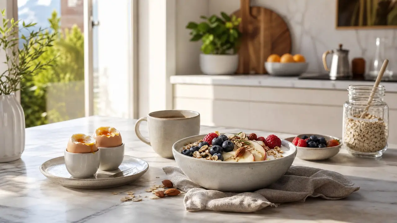 Ciotola con yogurt, avena, frutti di bosco e frutta secca accanto a uova e caffe in una cucina luminosa.
