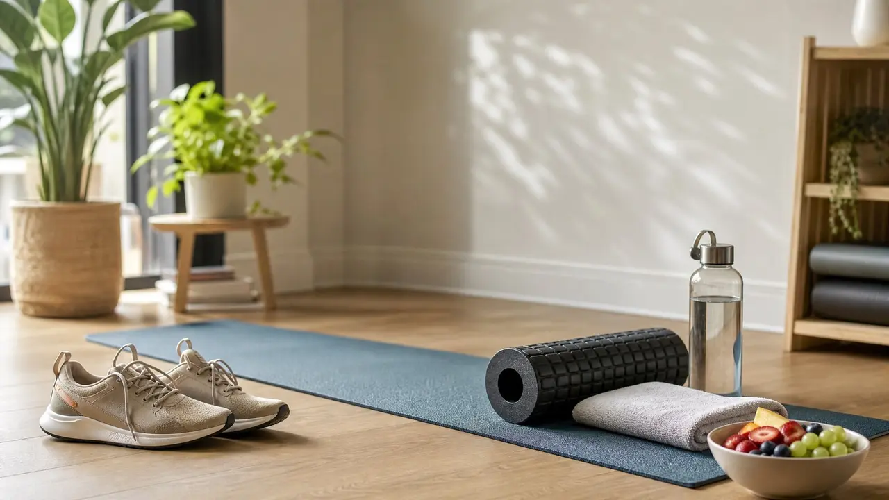 Tappetino, foam roller, borraccia, asciugamano e scarpe da ginnastica in una stanza luminosa.
