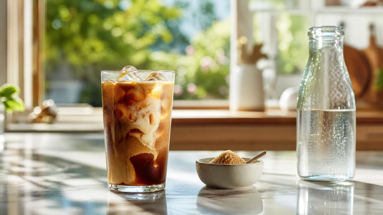 Bicchiere di caffè freddo con ghiaccio su un tavolo luminoso accanto a una ciotola di zucchero e una bevanda estiva senza etichetta.