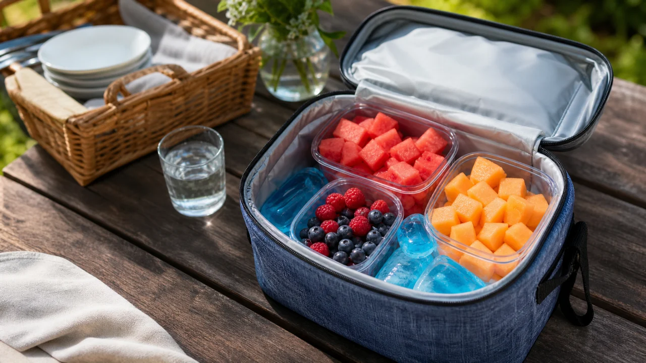 Contenitori trasparenti con anguria, melone e frutti di bosco dentro una borsa termica aperta su un tavolo da picnic.