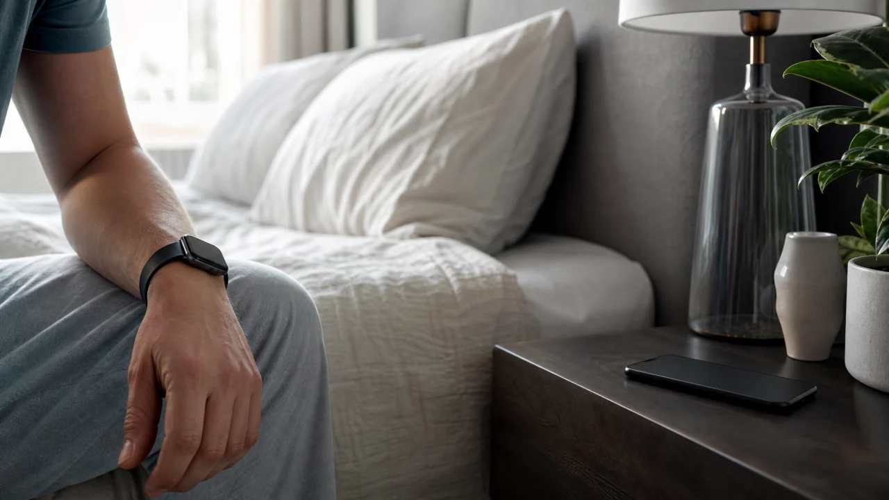 Persona seduta sul bordo del letto con smartwatch al polso in una camera luminosa e ordinata.