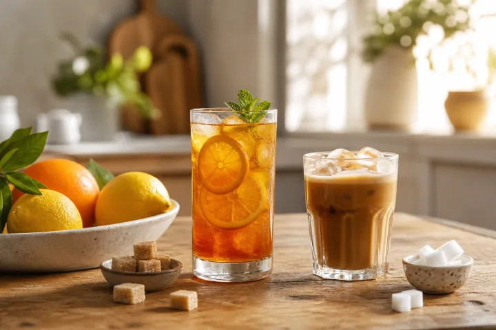 bicchieri con caffè freddo, bevanda shakerata e crema al caffè su un piano cucina luminoso.