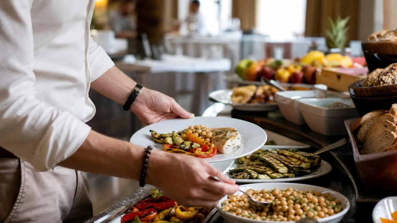 Persona che sceglie piccole porzioni da un buffet di hotel con verdure e piatti caldi.