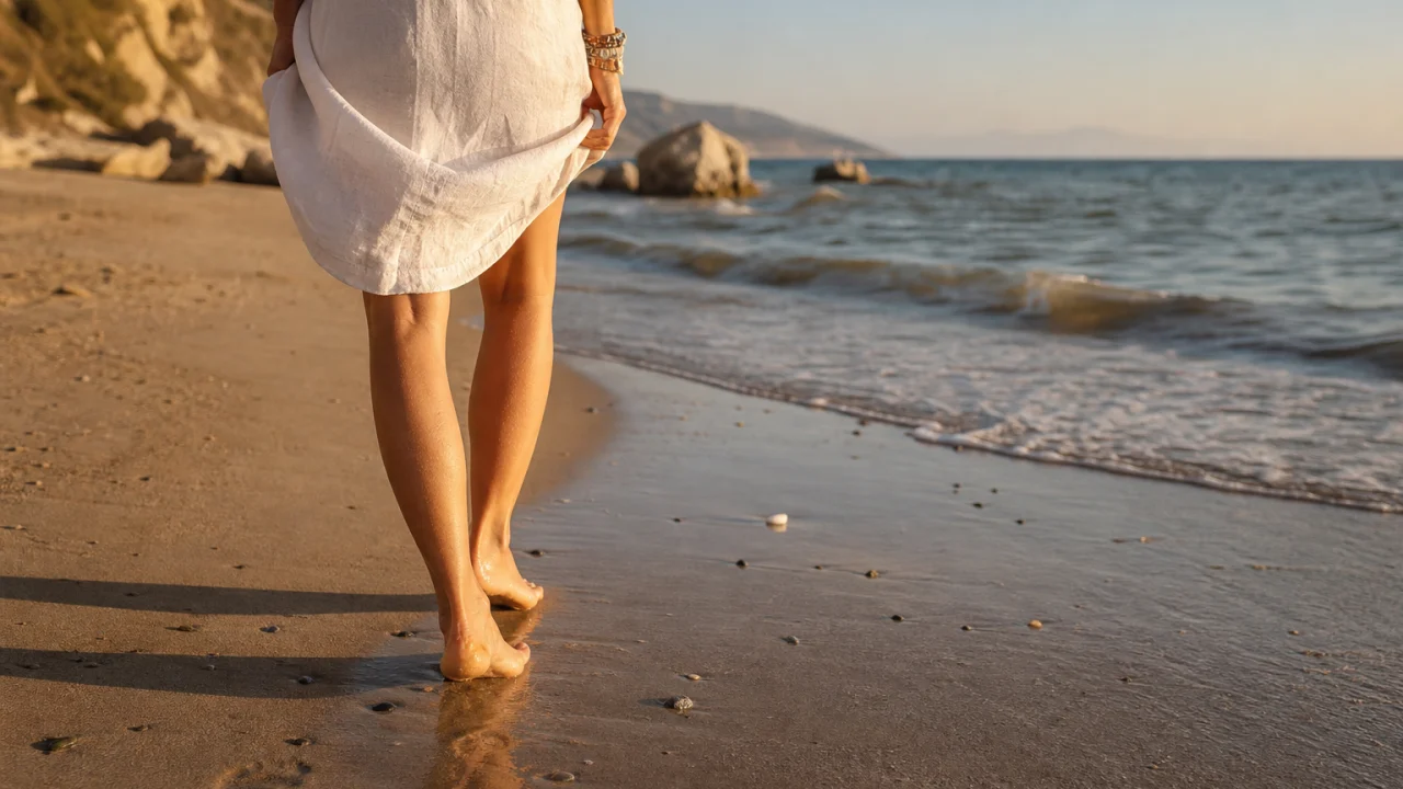 Persona che cammina sulla sabbia compatta vicino al mare nel tardo pomeriggio.