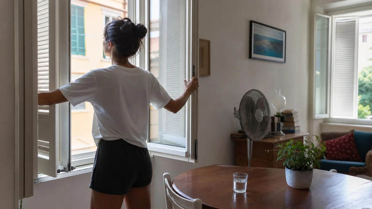 Persona che apre le finestre in un appartamento caldo con bicchiere d'acqua sul tavolo.