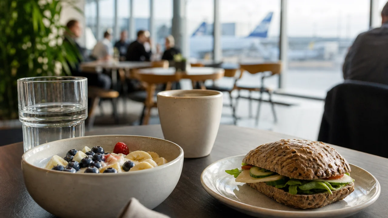 Colazione leggera con yogurt, frutta, panino, acqua e caffè su un tavolo di un bar in aeroporto.