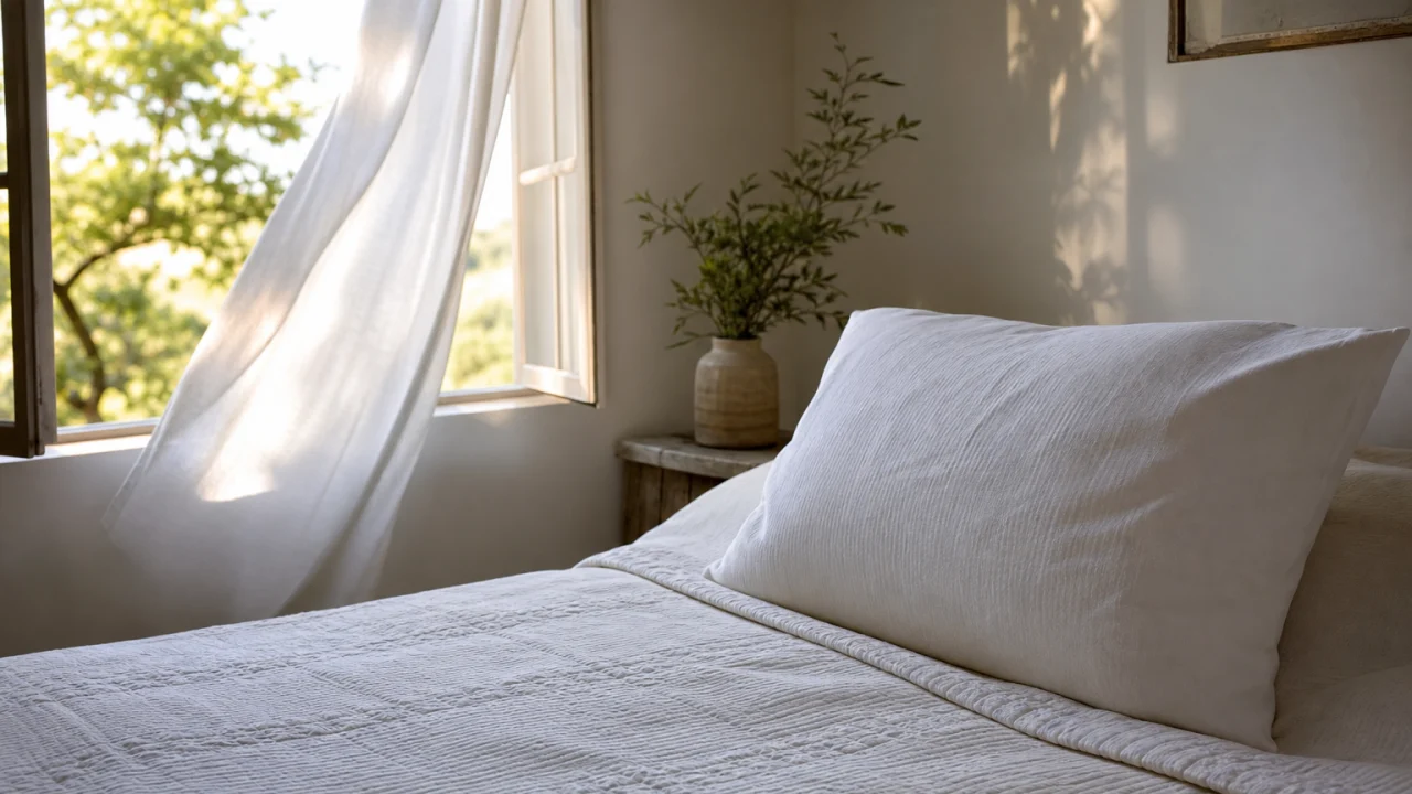 Cuscino chiaro su un letto estivo vicino a una finestra aperta.
