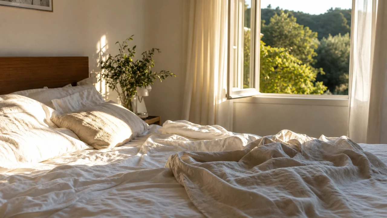 Camera da letto estiva luminosa con lenzuola chiare di cotone e lino vicino a una finestra aperta.