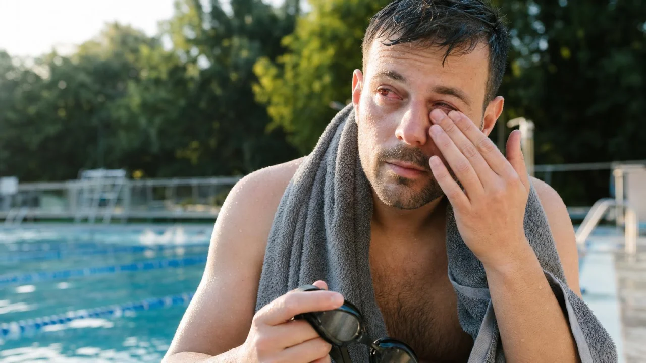 Nuotatore seduto a bordo piscina con occhialini in mano e occhi lievemente arrossati.