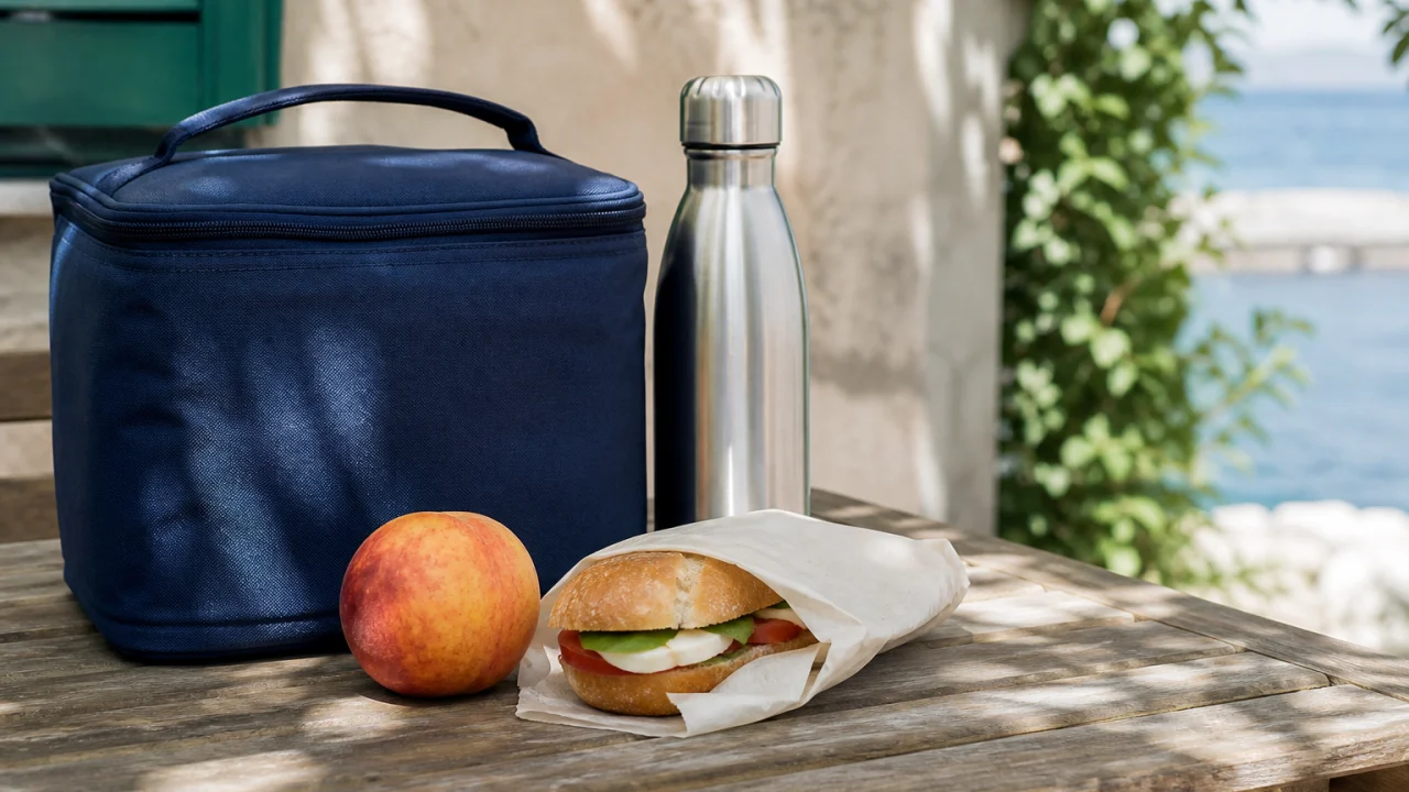 Pranzo al sacco estivo su un tavolo all’aperto con frutta, pane avvolto e borsa termica.