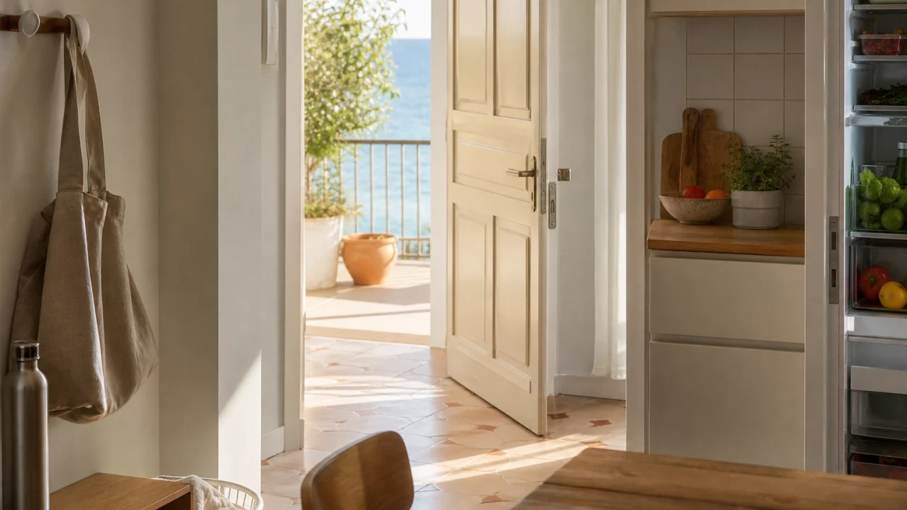 Ingresso di casa luminoso con borsa, borraccia e cucina pronta dopo un weekend estivo.