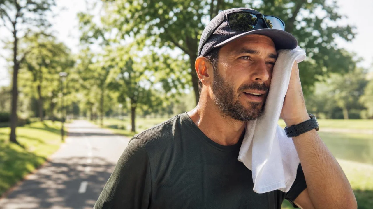 Runner in un parco estivo tampona il sudore dalla fronte durante una pausa.