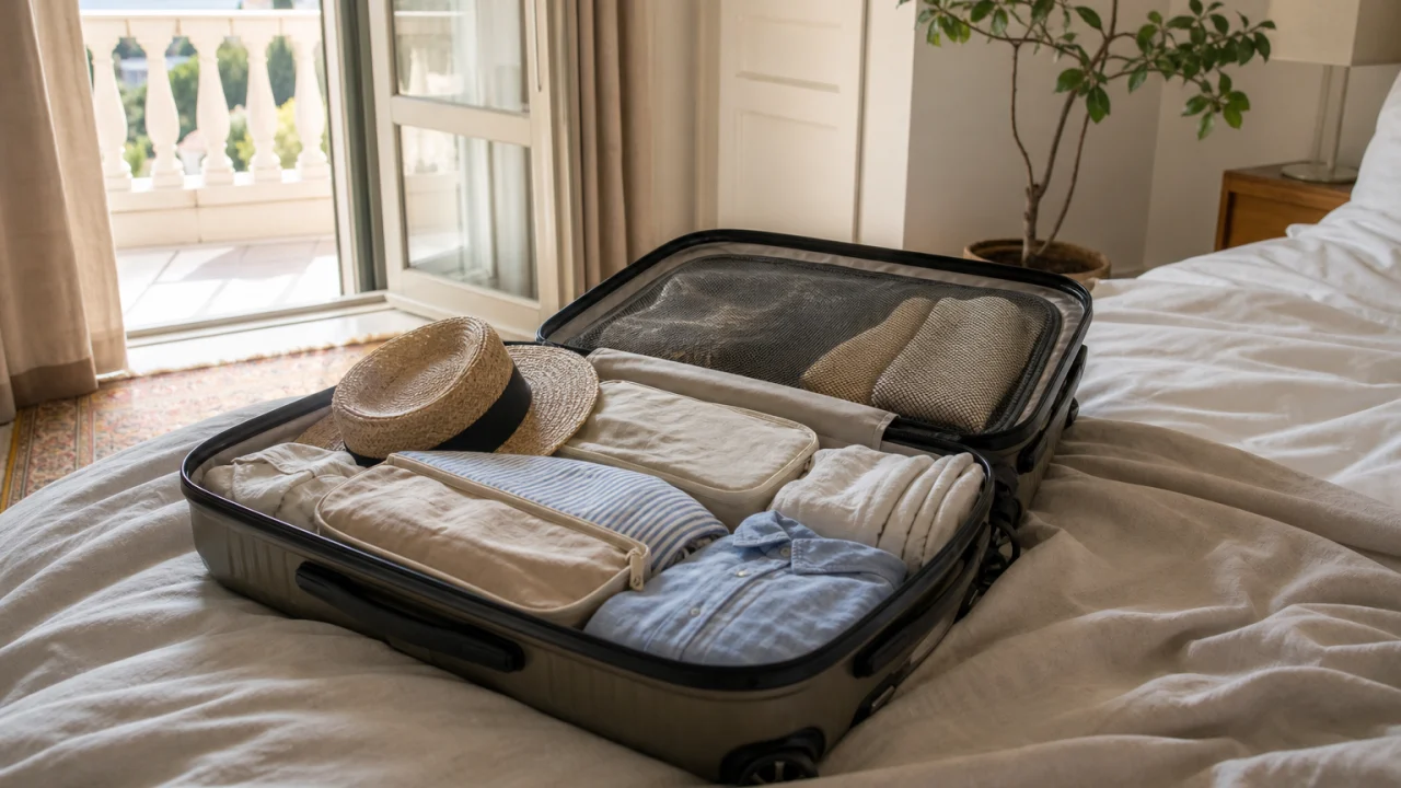Valigia aperta su un letto con vestiti estivi leggeri e accessori ordinati per un weekend.