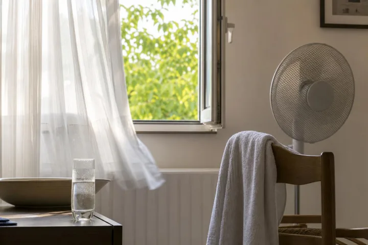 Finestra aperta, bicchiere d'acqua, asciugamano e ventilatore in una casa estiva.
