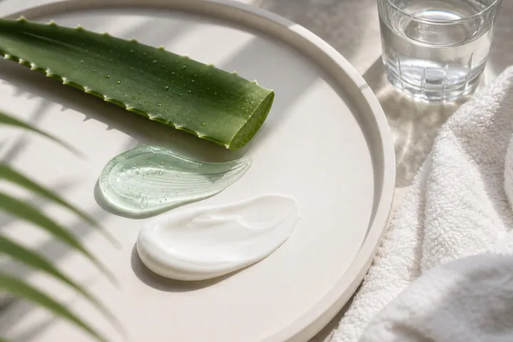 Vassoio bianco con crema doposole, idratante corpo, aloe e asciugamano in luce naturale.