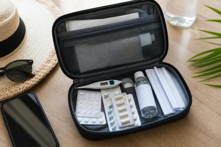Organizer con medicinali, termometro e astuccio aperto su un tavolo prima della partenza
