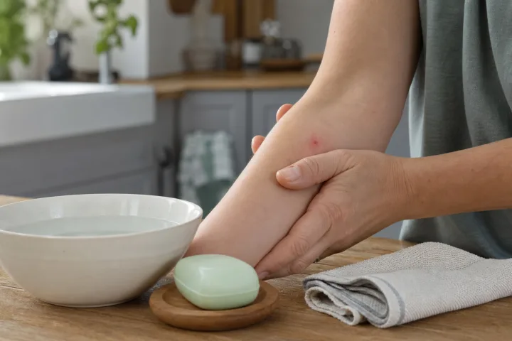 Mano adulta che pulisce delicatamente un morso di insetto sul braccio con acqua e panno pulito.
