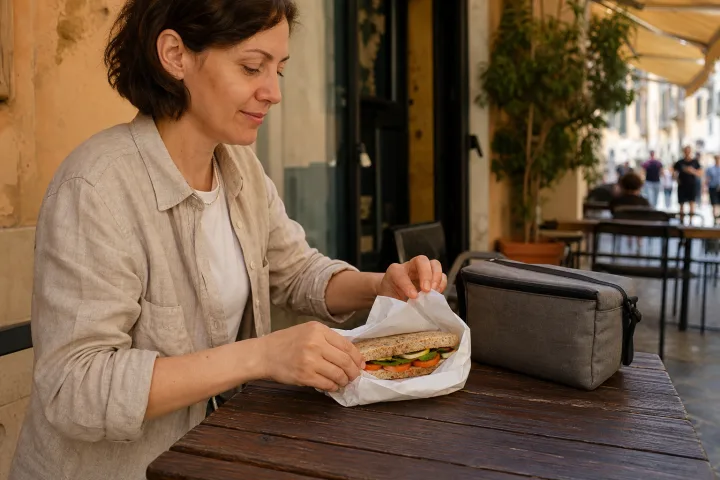 Persona seduta a un tavolino esterno controlla un panino appena acquistato accanto a una borsa termica senza marchi.