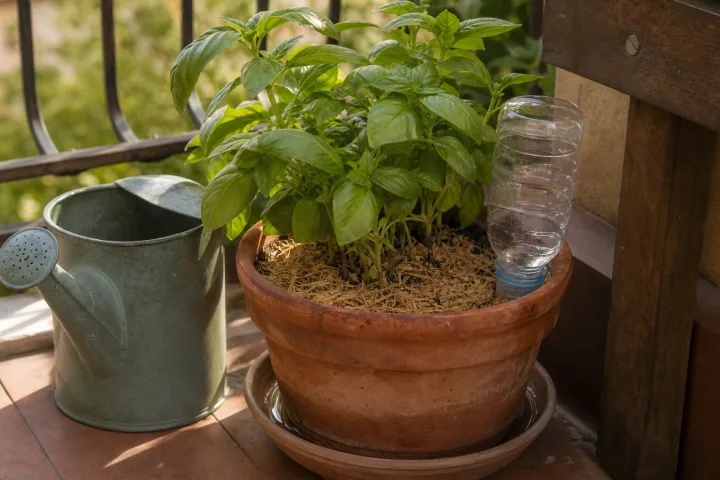 Vaso di basilico su balcone con annaffiatoio e riserva d'acqua lenta.