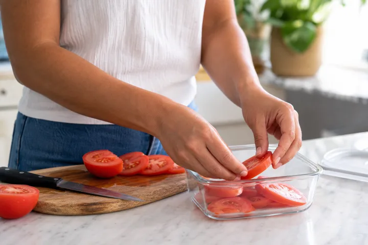 Mani che sistemano pomodori tagliati in un contenitore di vetro su un tagliere in cucina.