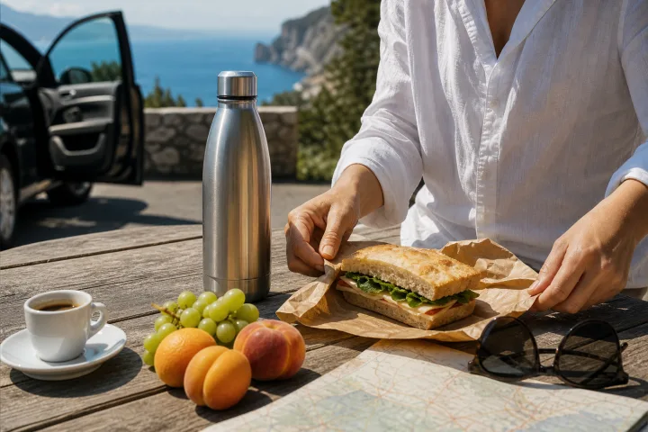 Tavolo di una sosta estiva con panino semplice, frutta, borraccia, occhiali e una mano che sistema il pranzo.