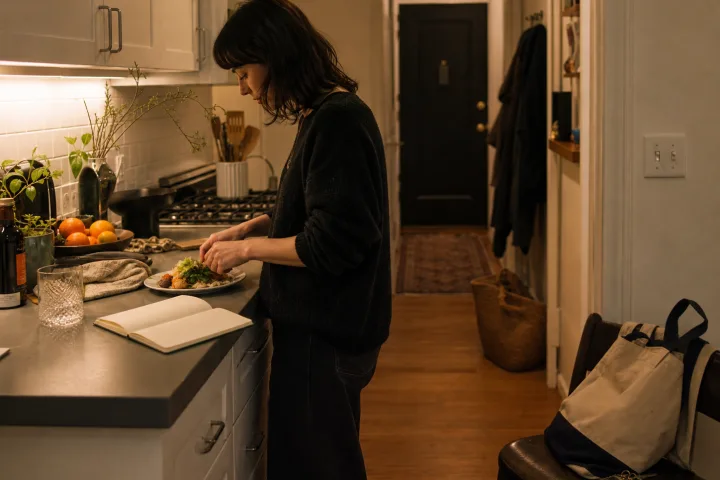 Cucina di casa in luce serale con piatto semplice, borsa e quaderno aperto dopo il rientro.