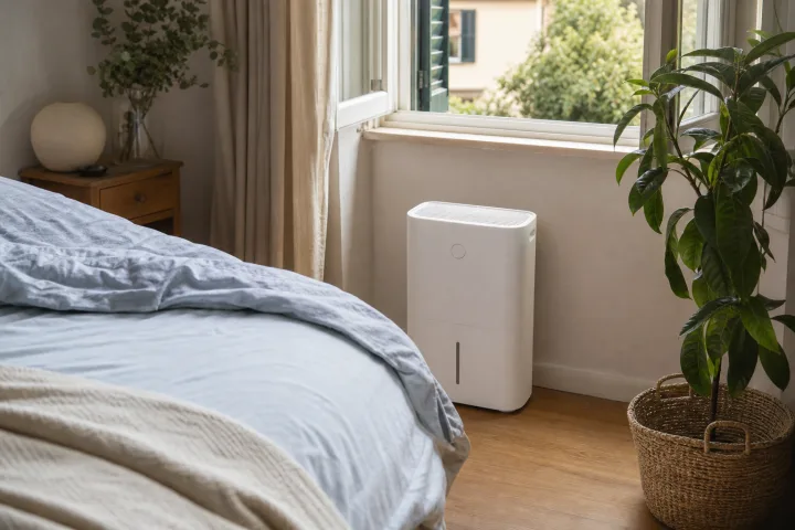 Camera da letto estiva con lenzuolo leggero, finestra socchiusa e deumidificatore compatto vicino alla parete.