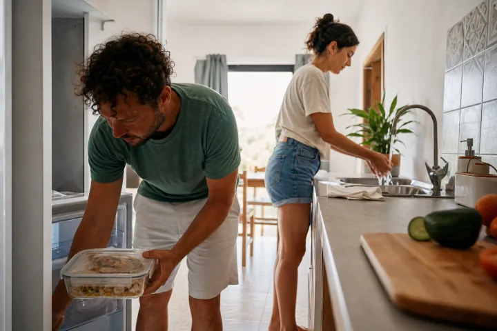 Cucina condivisa in vacanza: regole semplici per frigo, taglieri e spugne