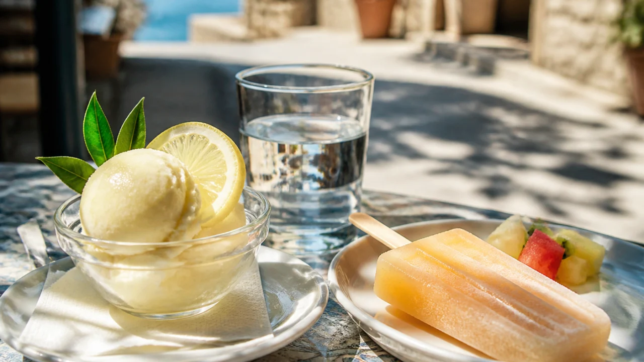 Sorbetto al limone e ghiacciolo alla frutta su un tavolino estivo con bicchiere d’acqua.