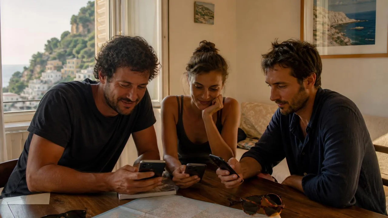 Tre adulti guardano foto delle ferie su smartphone intorno a un tavolo in una casa vacanza.