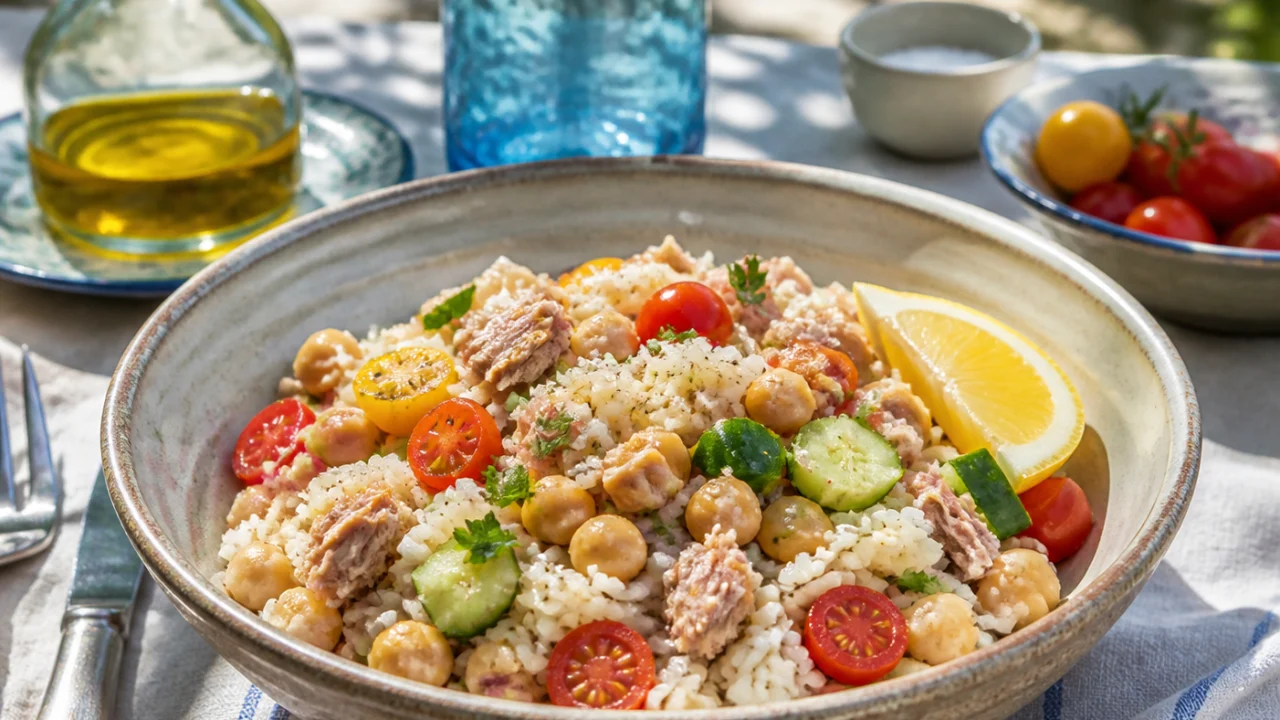Insalata di riso estiva in una ciotola su tavolo all'aperto in ombra.
