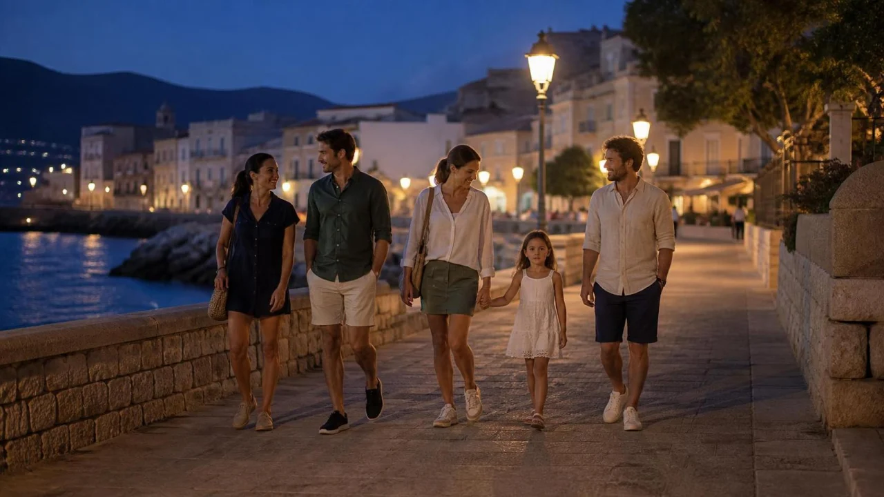Famiglia e amici camminano lentamente su un lungomare illuminato dopo cena durante una vacanza estiva.