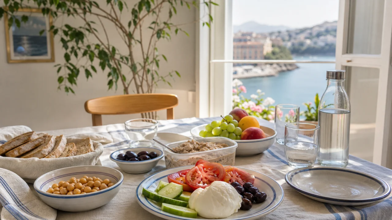 Tavolo di una casa vacanza con pranzo freddo mediterraneo, verdure, pane e contenitori riutilizzabili.