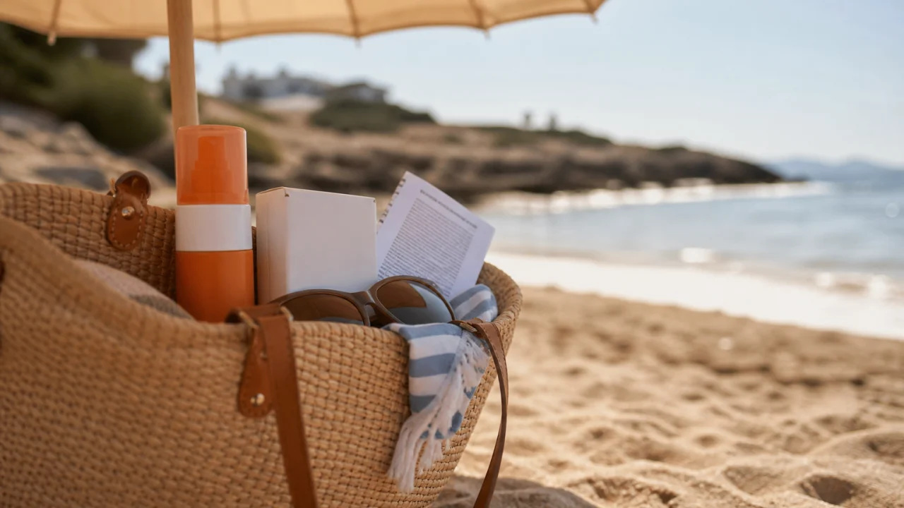 Borsa da spiaggia sotto l’ombrellone con confezione di farmaco senza marchio e crema solare.