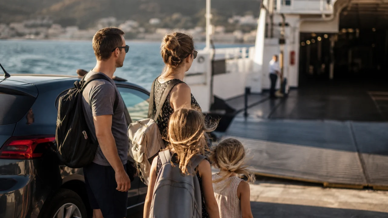 Famiglia accanto a un'auto con zaini pronta per imbarcarsi su un traghetto estivo.