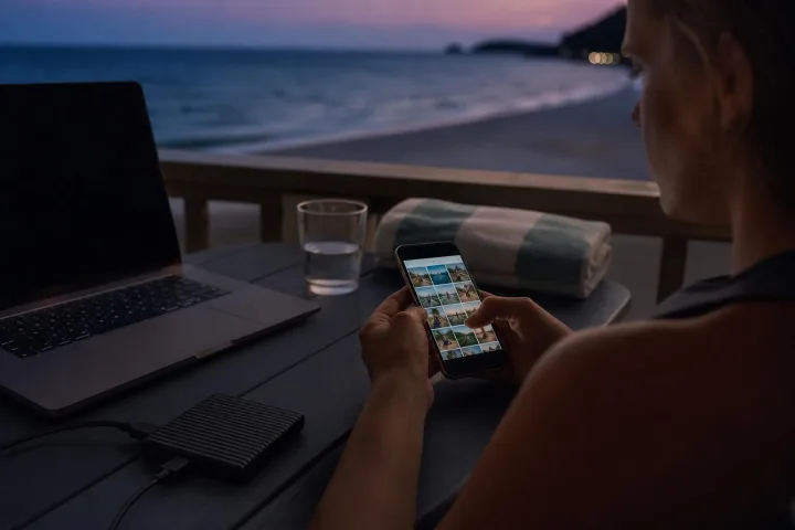 Persona su un balcone di casa vacanza mentre ordina foto su smartphone accanto a computer e disco esterno.