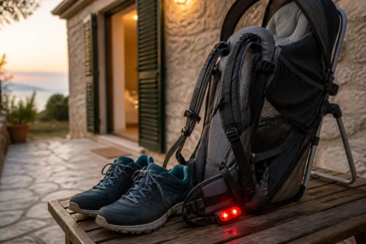 Scarpe comode, marsupio leggero e luce di sicurezza pronti su una panchina prima di una camminata serale in vacanza.