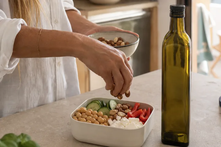 Contenitore riutilizzabile con ceci, verdure tagliate e ingredienti freddi su un piano cucina di casa vacanza